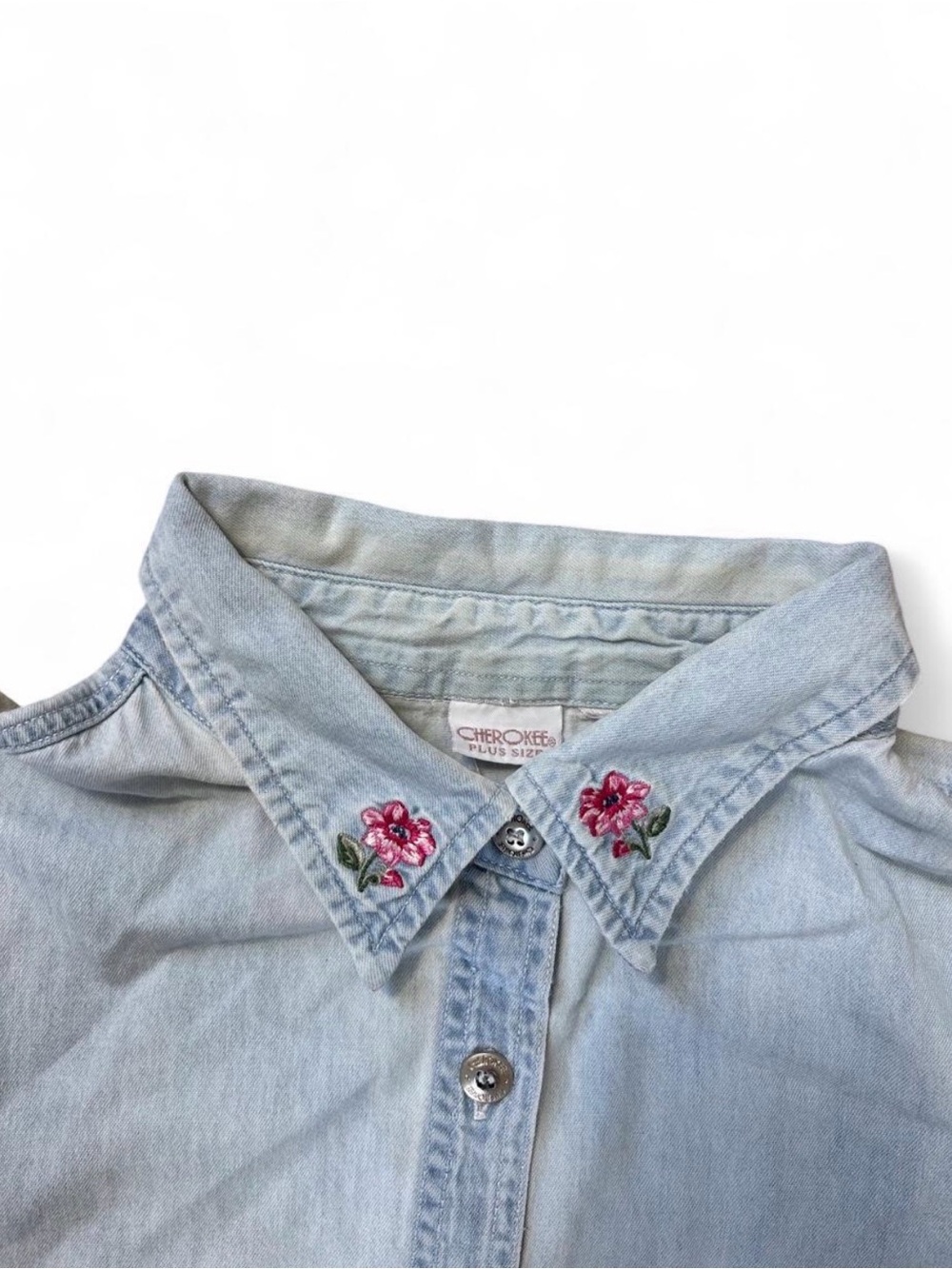 Cherokee Light Blue Denim Shirt with Pink Floral Collar Embroidery